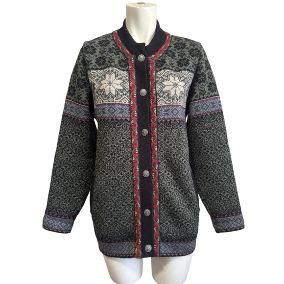 NORSKWEAR Norwegian cardigan 100% lambs wool pewter buttons women’s size medium - Picture 3 of 13
